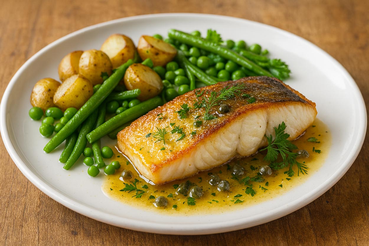 Brosme poêlé, sauce citron–câpres, pommes grenailles